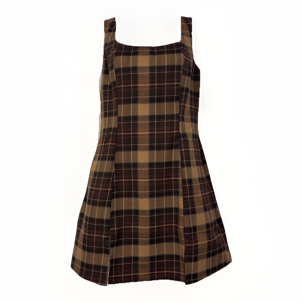 NWT Cider LA 90s Rom-Com-style Dress Sz S Brown Plaid Mini Side Zip Effortless